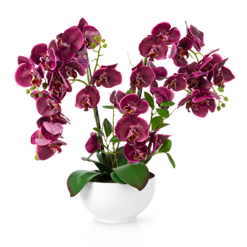 XXL künstliche Orchidee in purpurnen Blüten mit weißem Keramiktopf