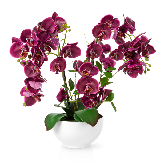 XXL künstliche Orchidee in purpurnen Blüten mit weißem Keramiktopf