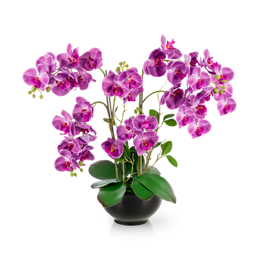 XXL künstliche lila Orchidee in schwarzem Hochglanz-Keramiktopf