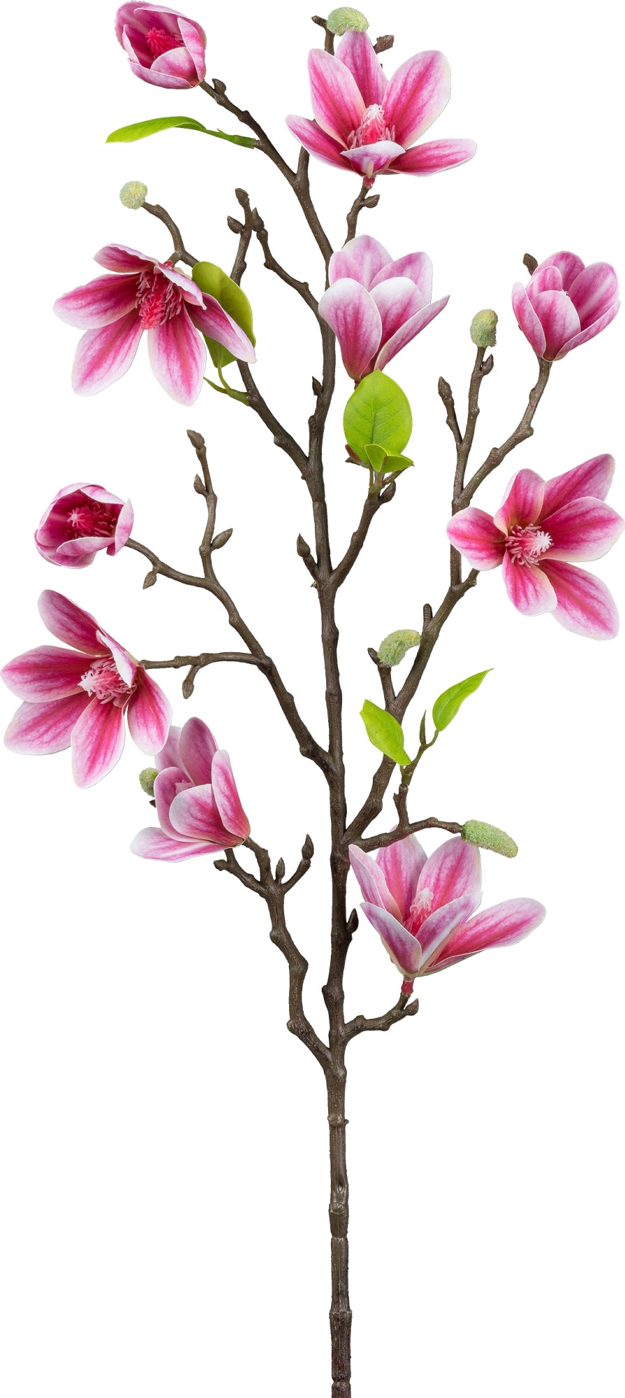 Künstlicher Magnolienzweig mit rosa-weißen Blüten und grünen Blättern – täuschend echte Deko-Kunstblume