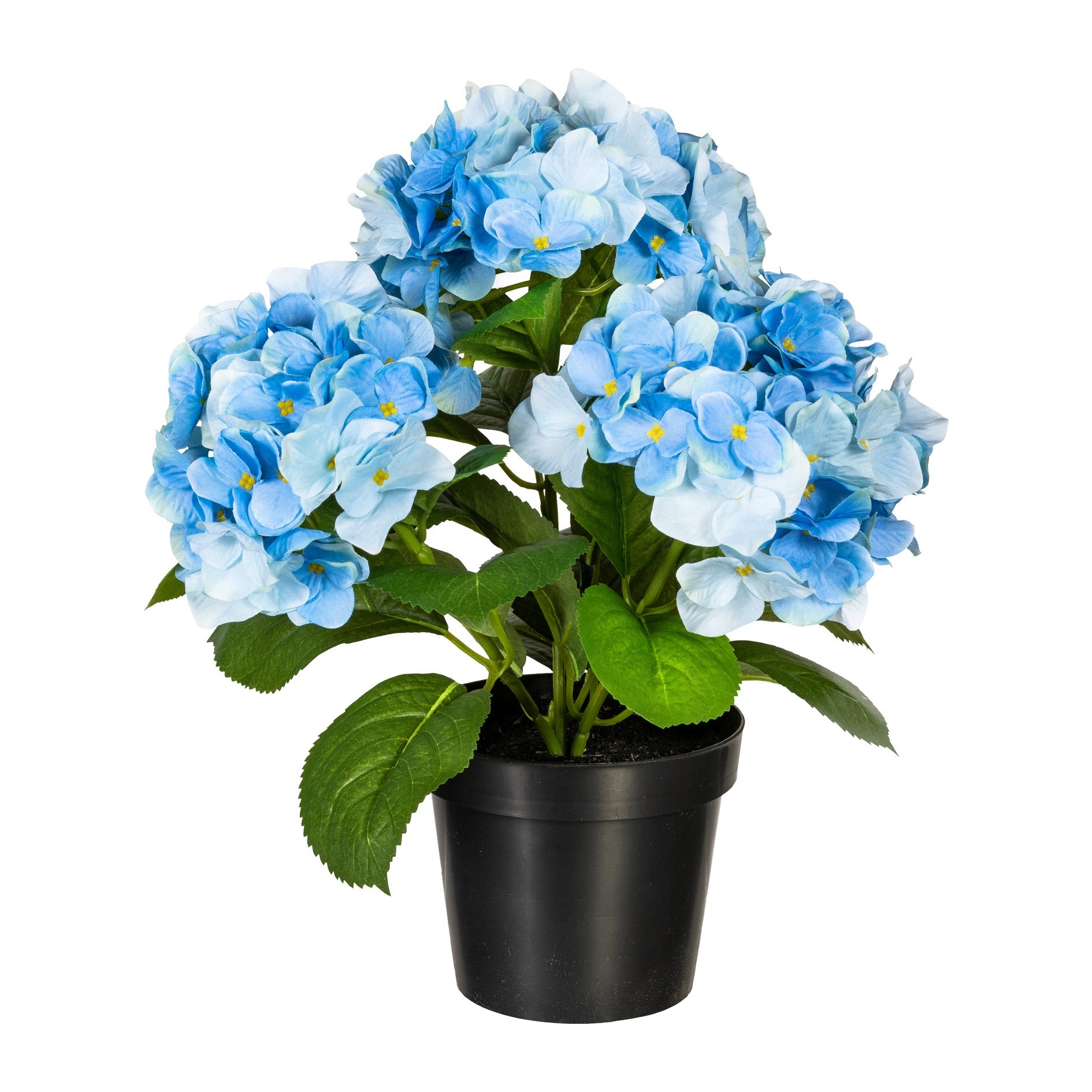 Künstliche blaue Hortensie im schwarzen Blumentopf – naturgetreue Kunstblume zur Dekoration
