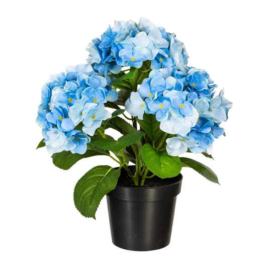 Künstliche blaue Hortensie im schwarzen Blumentopf – naturgetreue Kunstblume zur Dekoration