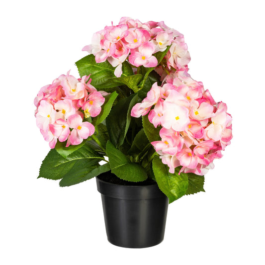 Künstliche rosa Hortensie im schwarzen Topf mit realistischen Blüten und grünen Blättern als pflegeleichte Dekopflanze für Wohnzimmer oder Büro