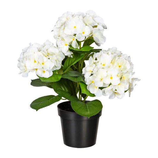 Künstliche weiße Hortensie im schwarzen Blumentopf – naturgetreue Kunstblume für stilvolle Innendekoration