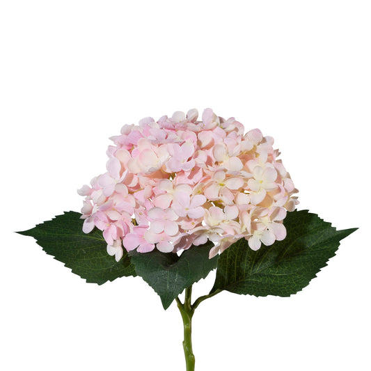 Rosa künstliche Hortensienblüte als Einzelstiel mit grünen Blättern – ideal für florale Dekoration oder DIY-Projekte