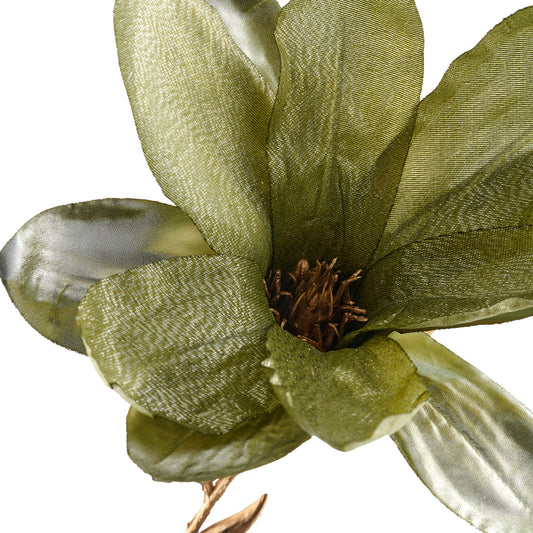 Detailansicht einer künstlichen Magnolienblüte in Olivgrün mit Metallic-Effekt – hochwertige Kunstblume zur Dekoration