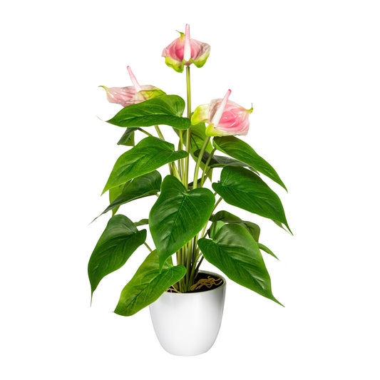 Künstliche exotische Pflanze mit zarten rosa Blüten und weißem Topf – dekorative Kunstblume für Innenräume