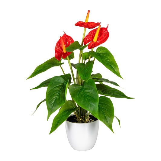 Künstliche exotische Pflanze mit roten Blüten und weißen Blumentopf – tropische Kunstpflanze zur Dekoration