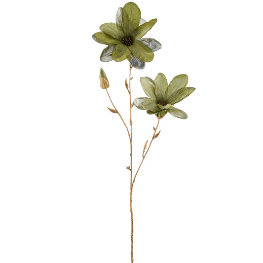 Künstlicher Magnolienzweig mit zwei olivgrünen Blüten und Knospe – dekorative Kunstpflanze für stilvolle Raumgestaltung
