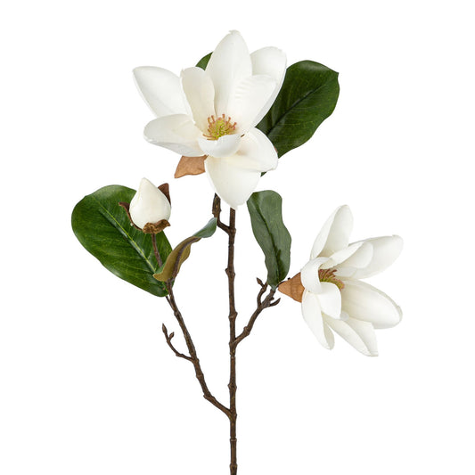 Künstlicher Zweig mit weißen Magnolienblüten, Knospe und grünen Blättern – elegante Kunstpflanze zur Dekoration