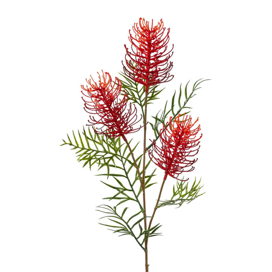 Künstlicher Zweig mit roten exotischen Blüten und filigranen Blättern – dekorative Kunstpflanze für Vasen & Arrangements