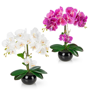 Künstliche Orchideen in Keramiktöpfen (2 Stück, 40cm) - Weiß-Rosé (schwarze Töpfe)