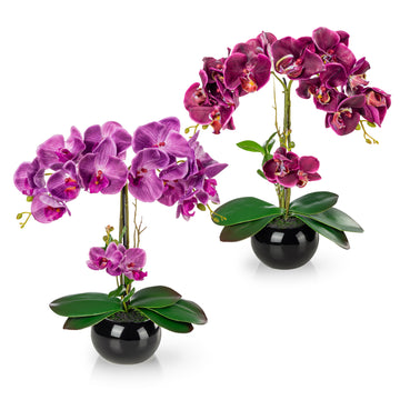 Künstliche Orchideen in Keramiktöpfen (2 Stück, 40cm) - Purpur-Lila (schwarze Töpfe)