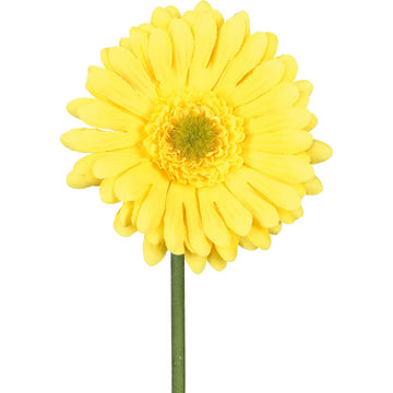 Detailaufnahme einer künstlichen gelben Gerbera – realistische Kunstblume mit fein gearbeiteten Blütenblättern.
