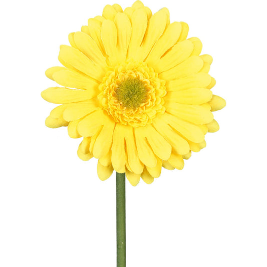Detailaufnahme einer künstlichen gelben Gerbera – realistische Kunstblume mit fein gearbeiteten Blütenblättern.