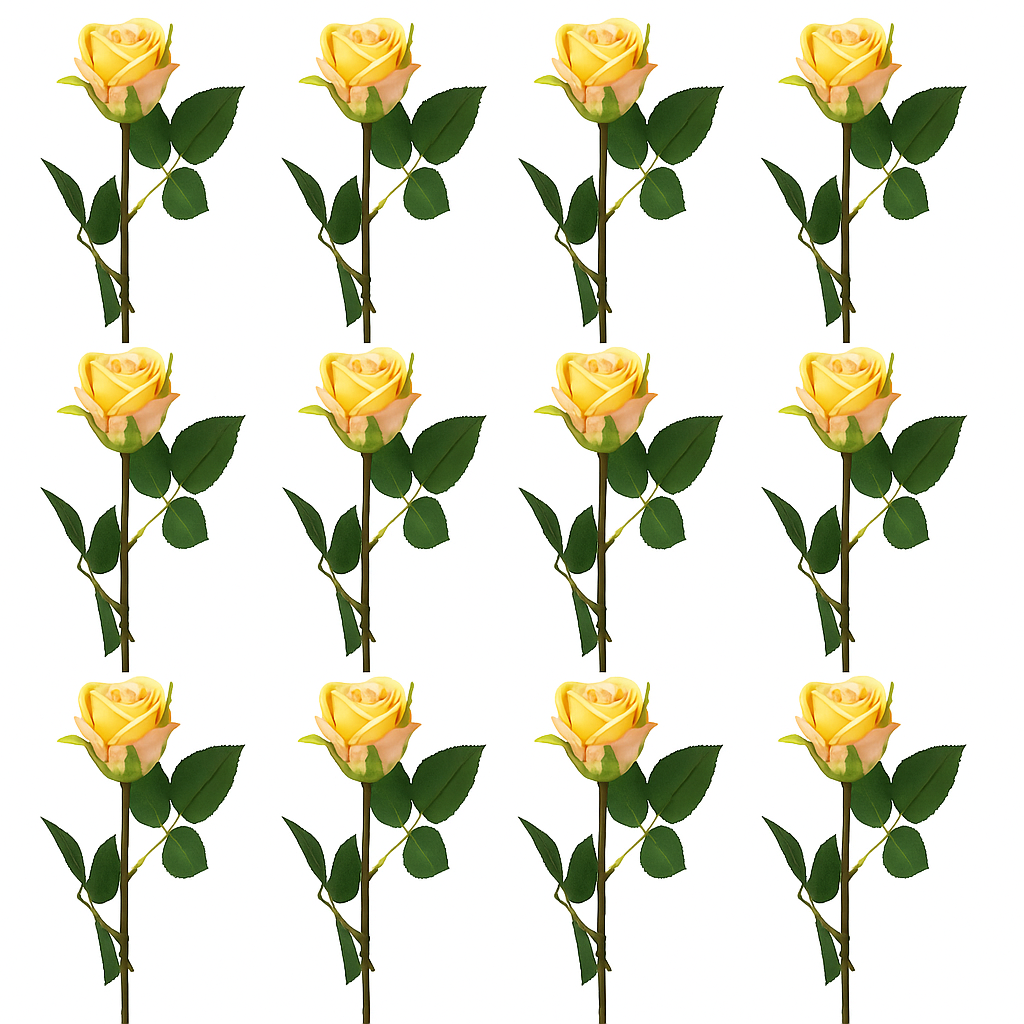 Zwölf künstliche gelbe Rosen mit grünen Blättern, realistische Seidenblumen auf weißem Hintergrund, perfekt für Dekoration und Floristikprojekte.