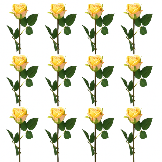 Zwölf künstliche gelbe Rosen mit grünen Blättern, realistische Seidenblumen auf weißem Hintergrund, perfekt für Dekoration und Floristikprojekte.