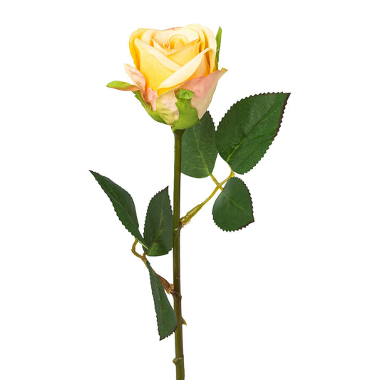 Zwölf künstliche gelbe Rosen mit grünen Blättern, realistische Seidenblumen auf weißem Hintergrund, perfekt für Dekoration und Floristikprojekte.