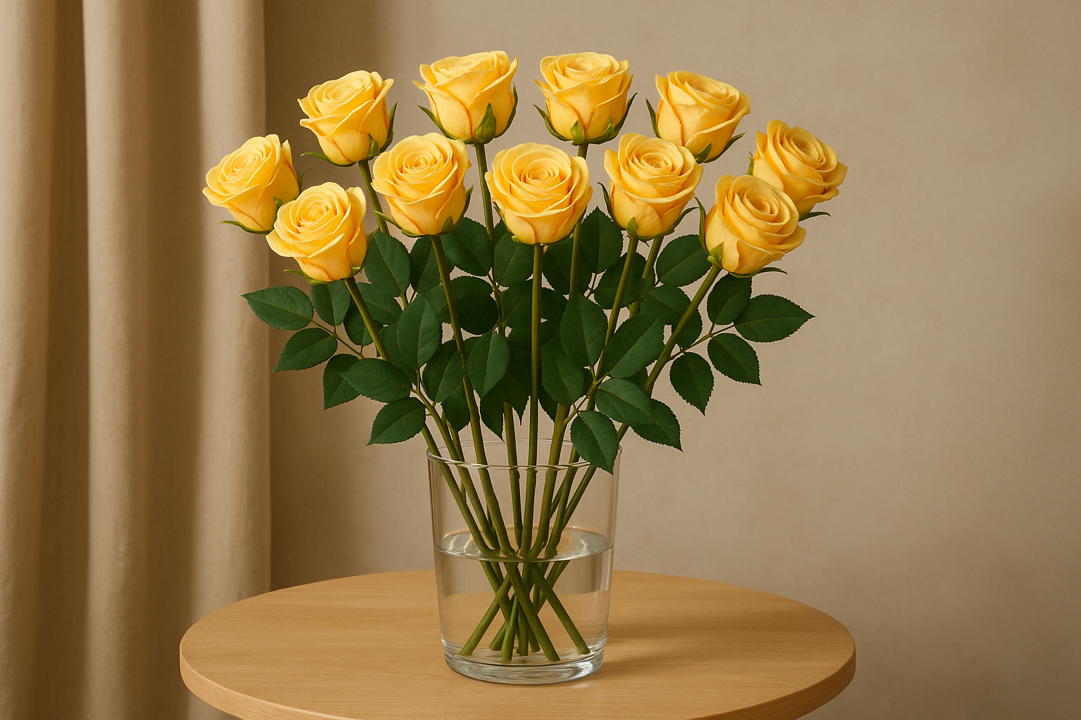 Ein realistisches Arrangement aus zwölf künstlichen gelben Rosen in einer Glasvase auf einem Holztisch, perfekt für Wohn- und Tischdekoration.