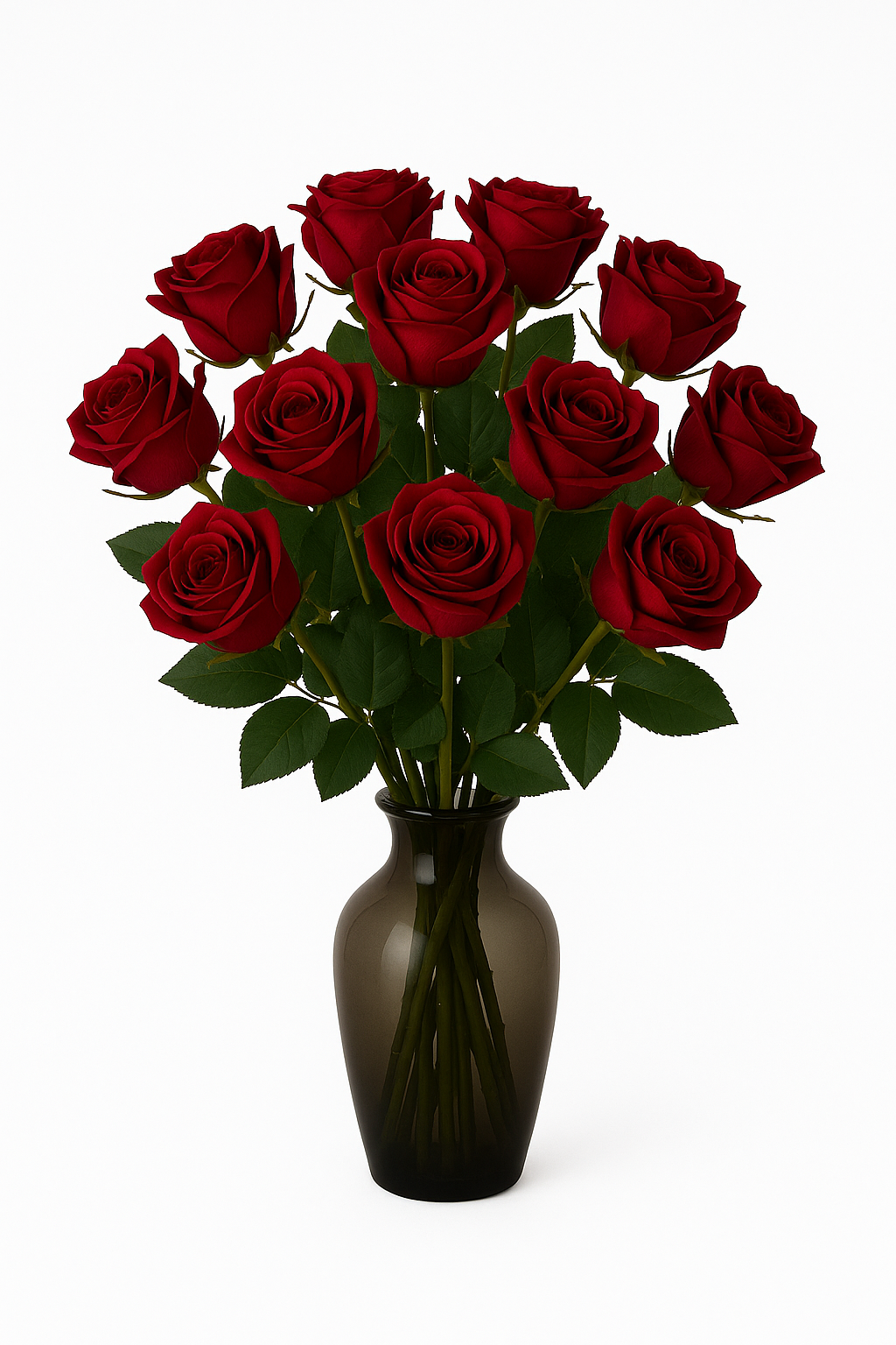 Ein realistischer Strauß aus zwölf künstlichen roten Rosen in einer eleganten schwarzen Glasvase vor weißem Hintergrund, ideal für Dekoration und Geschenkideen.