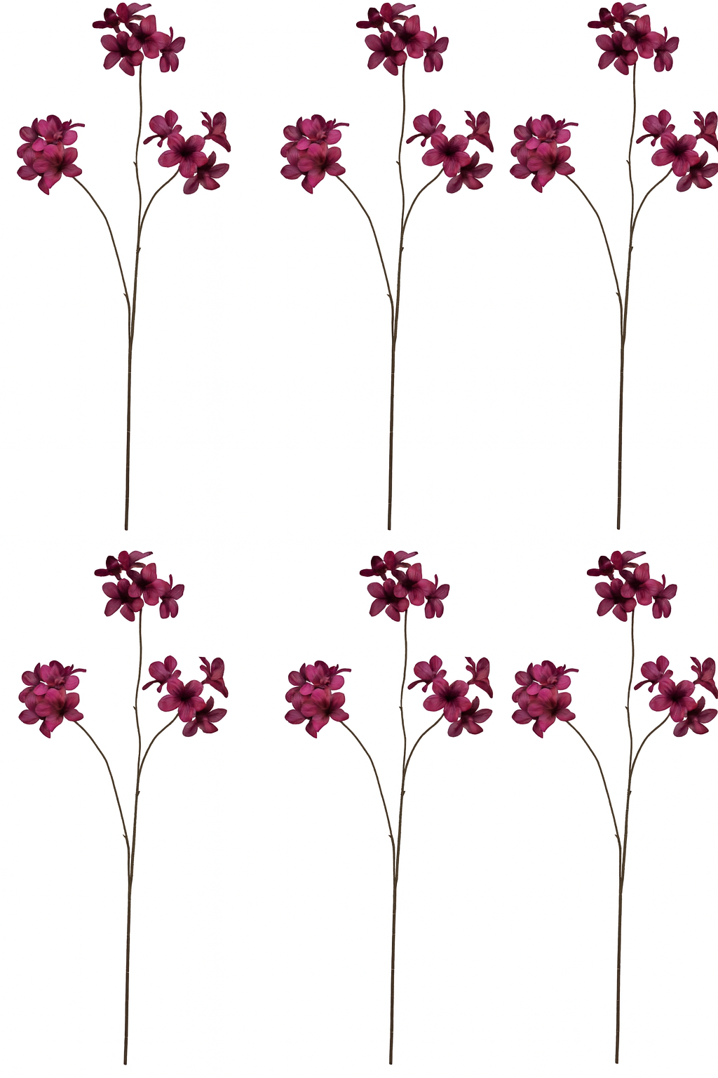 Sechs künstliche Magnolienzweige in kräftigem Bordeaux-Ton auf weißem Hintergrund – realistisch gestaltete Deko-Blumen für stilvolle Raumgestaltung.