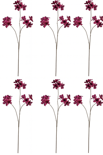 Sechs künstliche Magnolienzweige in kräftigem Bordeaux-Ton auf weißem Hintergrund – realistisch gestaltete Deko-Blumen für stilvolle Raumgestaltung.