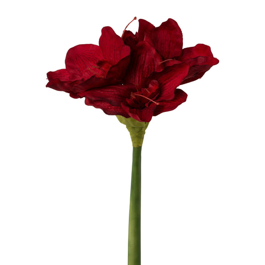 Rote künstliche Amaryllis mit realistischem Blütenkopf und kräftigem Stiel – edle Blume für festliche Winterdekorationen.