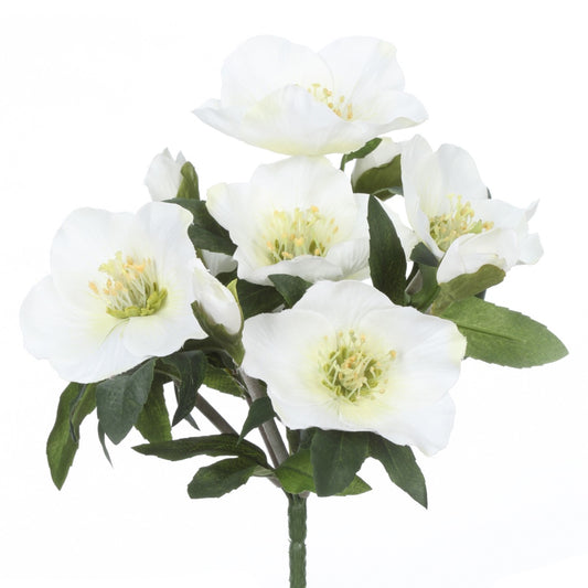 Künstliche Christrose mit weißen Blüten und grünen Blättern – naturgetreuer Kunstblumenstrauß für winterliche und festliche Dekorationen.