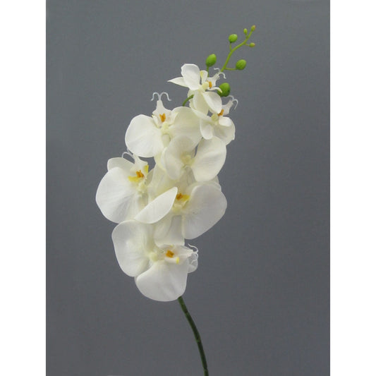 Künstliche weiße Orchidee auf Stiel – elegante Kunstblume mit naturgetreuen Blüten und grünen Knospen.