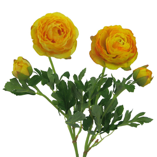 Künstlicher Ranunkelstrauß in Gelb mit mehreren Blüten und grünen Blättern – naturgetreue Frühlingsdekoration.
