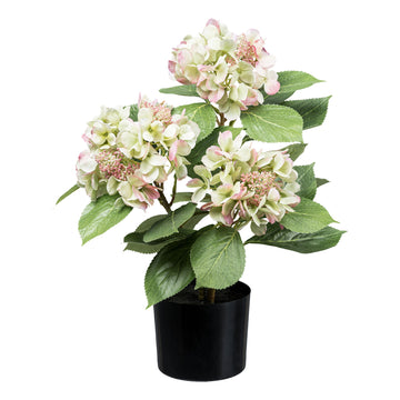 künstliche Hortensie im Topf mit Erde rosa grün creme