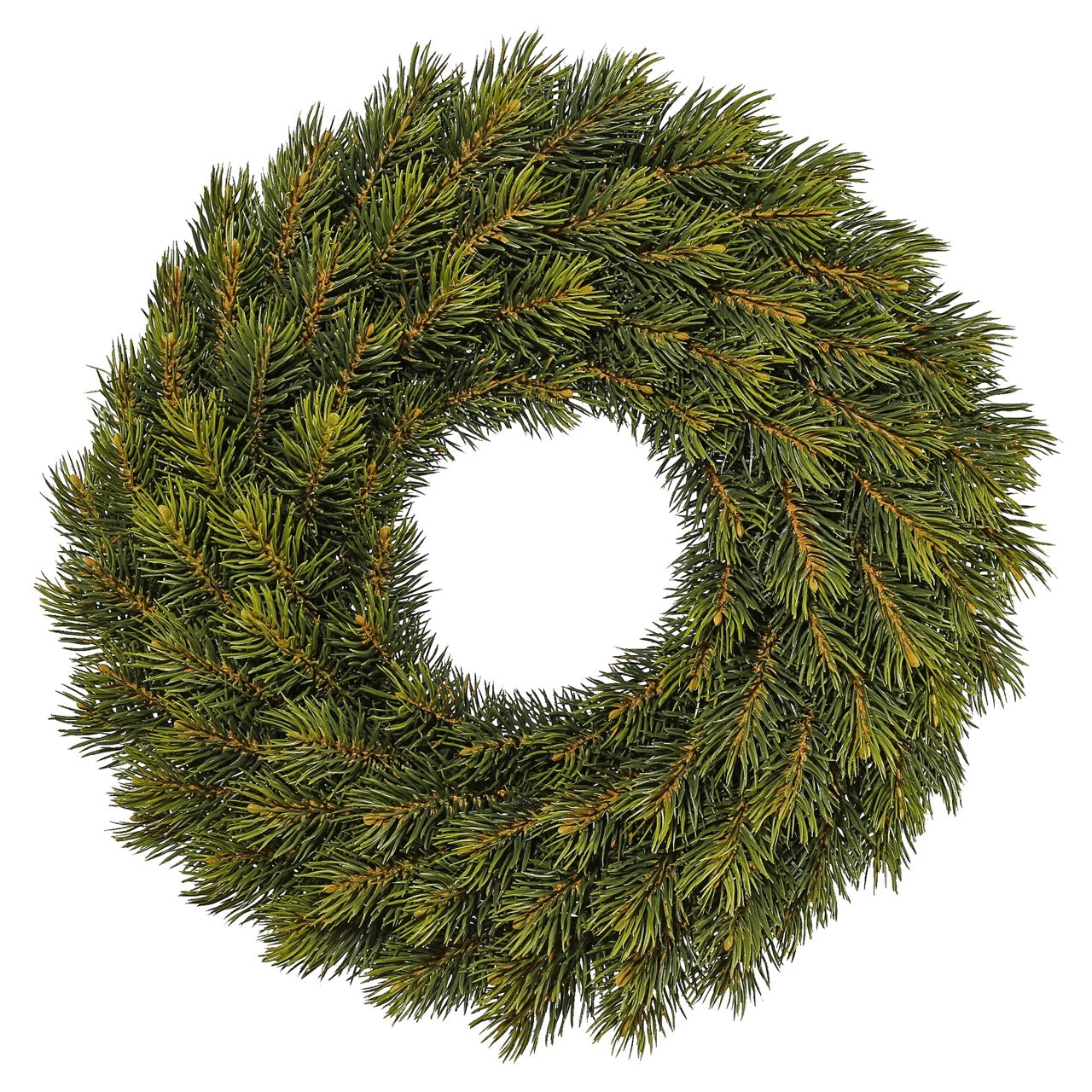 Künstlicher Tannenkranz aus dichten grünen Zweigen – klassische und naturgetreue Weihnachtsdekoration für Tür oder Wand.