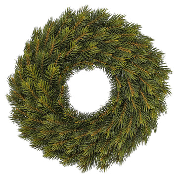 Künstlicher Tannenkranz aus dichten grünen Zweigen – klassische und naturgetreue Weihnachtsdekoration für Tür oder Wand.