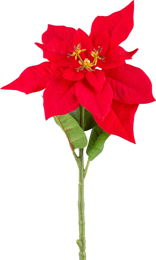 Roter künstlicher Weihnachtsstern mit grünen Blättern und realistischem Stiel – klassische Dekoblume für festliche Winterarrangements.