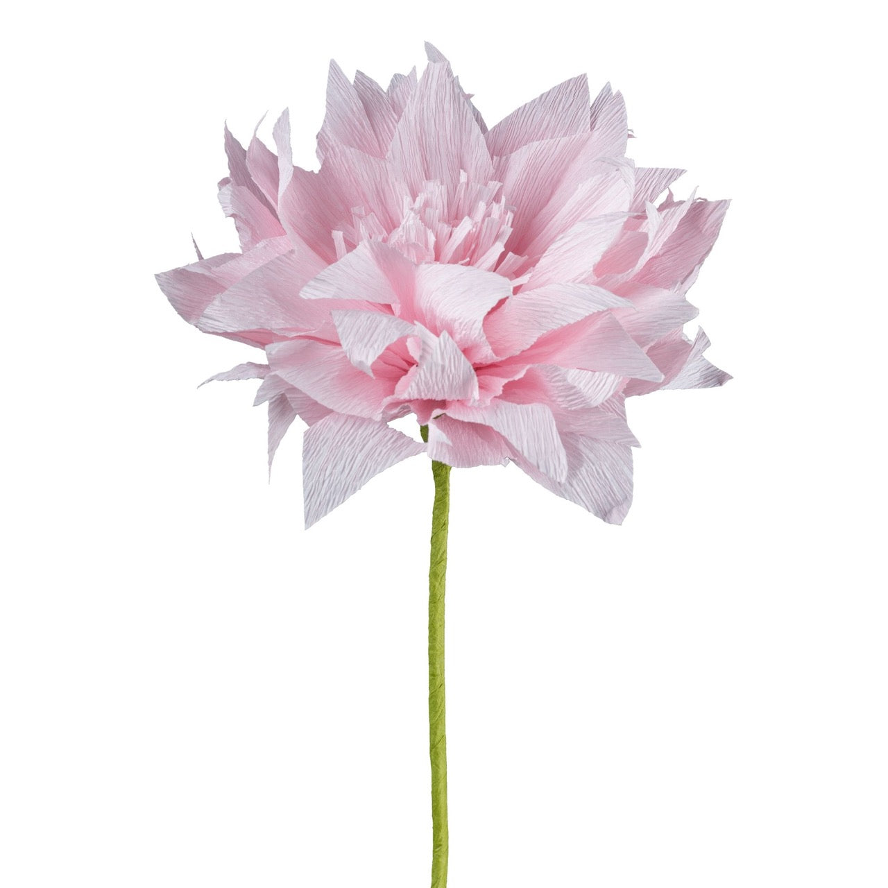 Hellrosa Papierblume aus Krepppapier mit grünem Stiel – filigrane Dekoblume mit detailreichen Blütenblättern für stilvolle Arrangements.