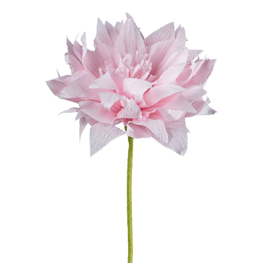 Hellrosa Papierblume aus Krepppapier mit grünem Stiel – filigrane Dekoblume mit detailreichen Blütenblättern für stilvolle Arrangements.