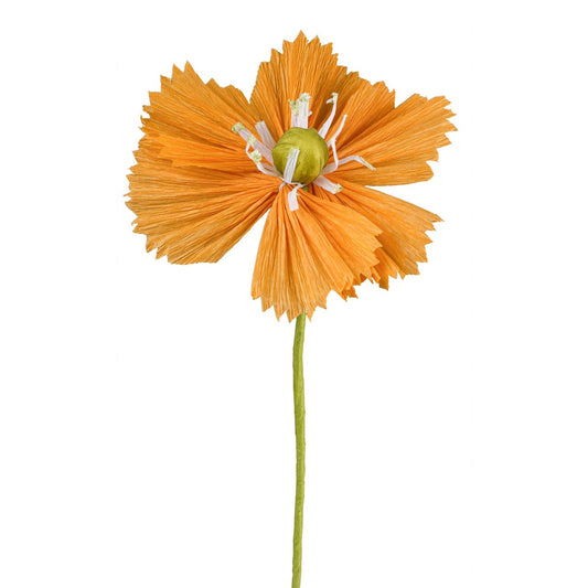 Orangefarbene Papierblume aus Krepppapier mit grünem Stiel – handgefertigte Einzelblüte für Dekoration.