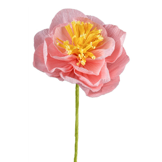 Rosa Papierblume aus Krepppapier mit gelber Blütenmitte und grünem Stiel – dekorative Blume für stilvolle Arrangements und Geschenkideen.
