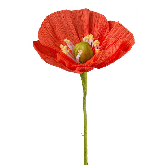 Rote Papierblume aus Krepppapier mit grüner Blütenmitte und Stiel – leuchtende Dekoblume für kreative Arrangements und Tischdekorationen.