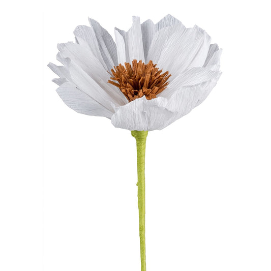 Weiße Papierblume aus Krepppapier mit brauner Blütenmitte und grünem Stiel – elegante Dekoblume für stilvolle Arrangements.