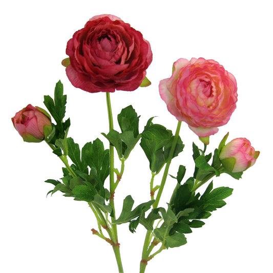 Detailreicher künstlicher Ranunkelzweig in Rosa-Rot mit realistischen Blättern und Blüten, perfekt für Gestecke und Vasenarrangements.