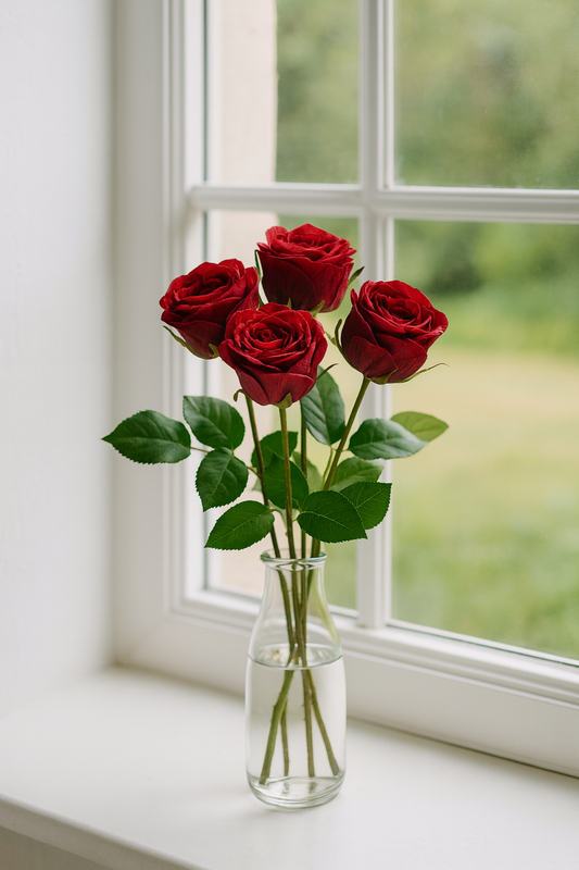 Realistische rote Kunstrose mit grünen Blättern und langem Stiel in Glasvase – hochwertige künstliche Rose für stilvolle Dekoration.
