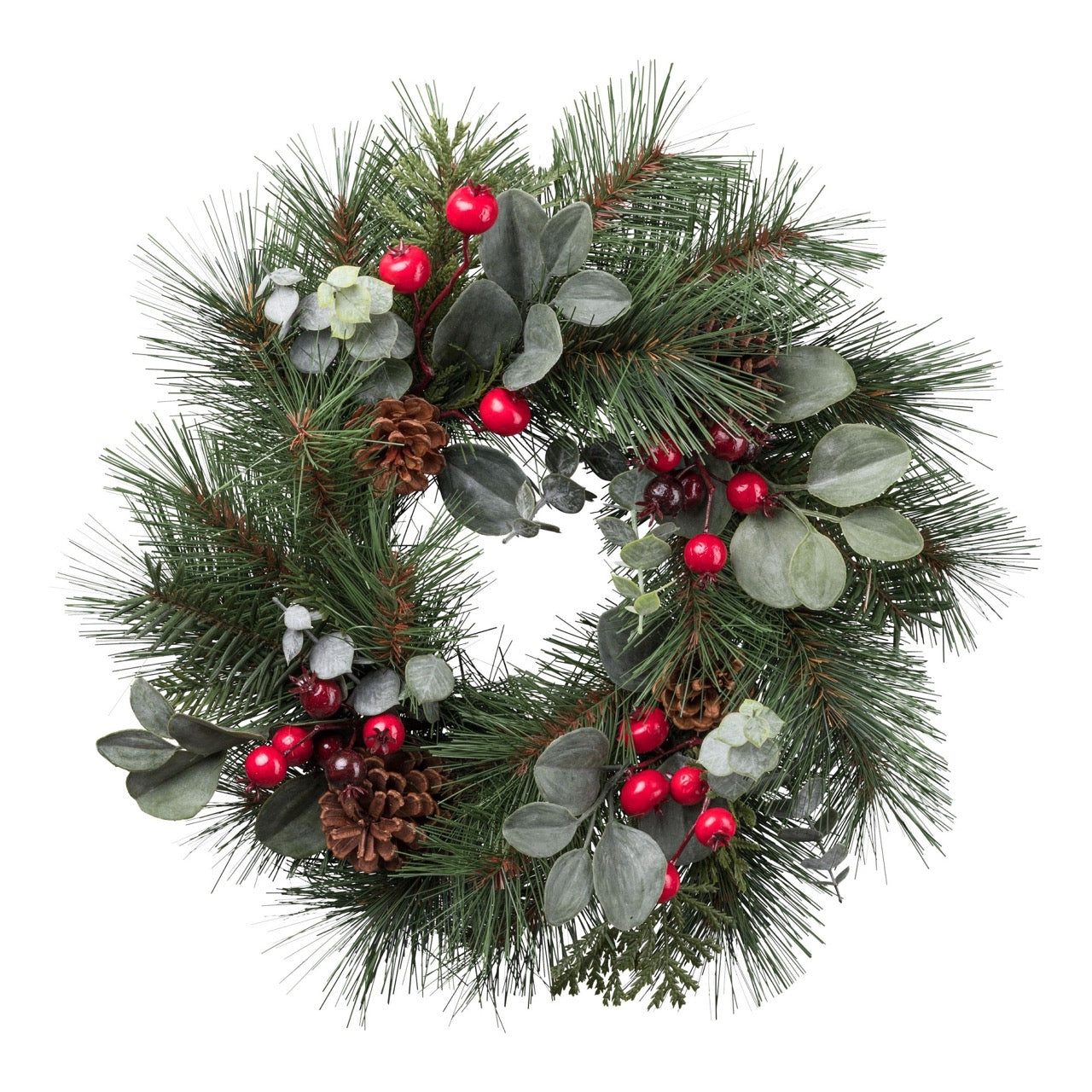 Künstlicher Weihnachtskranz aus Tannenzweigen mit roten Beeren, Eukalyptusblättern und Zapfen – festliche und naturgetreue Weihnachtsdekoration