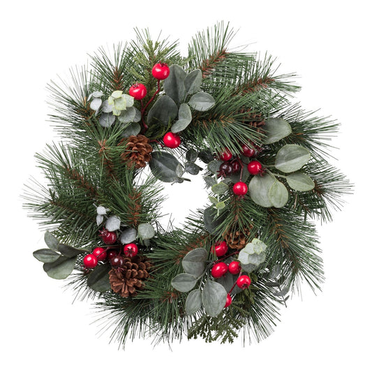 Künstlicher Weihnachtskranz aus Tannenzweigen mit roten Beeren, Eukalyptusblättern und Zapfen – festliche und naturgetreue Weihnachtsdekoration