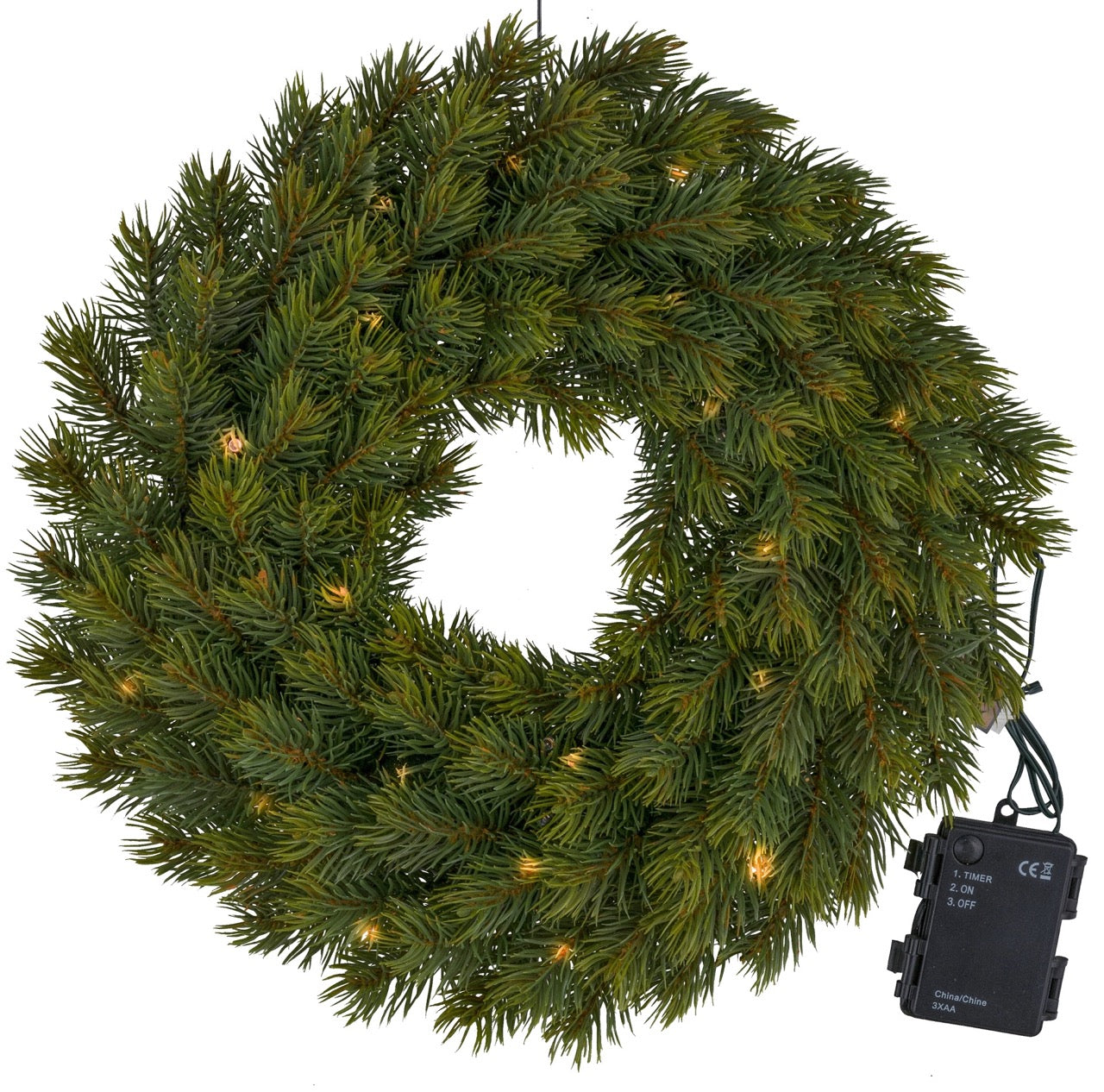 Künstlicher Weihnachtskranz aus Tannenzweigen mit integrierter LED-Beleuchtung und Batteriefach – ideal für den Innenbereich