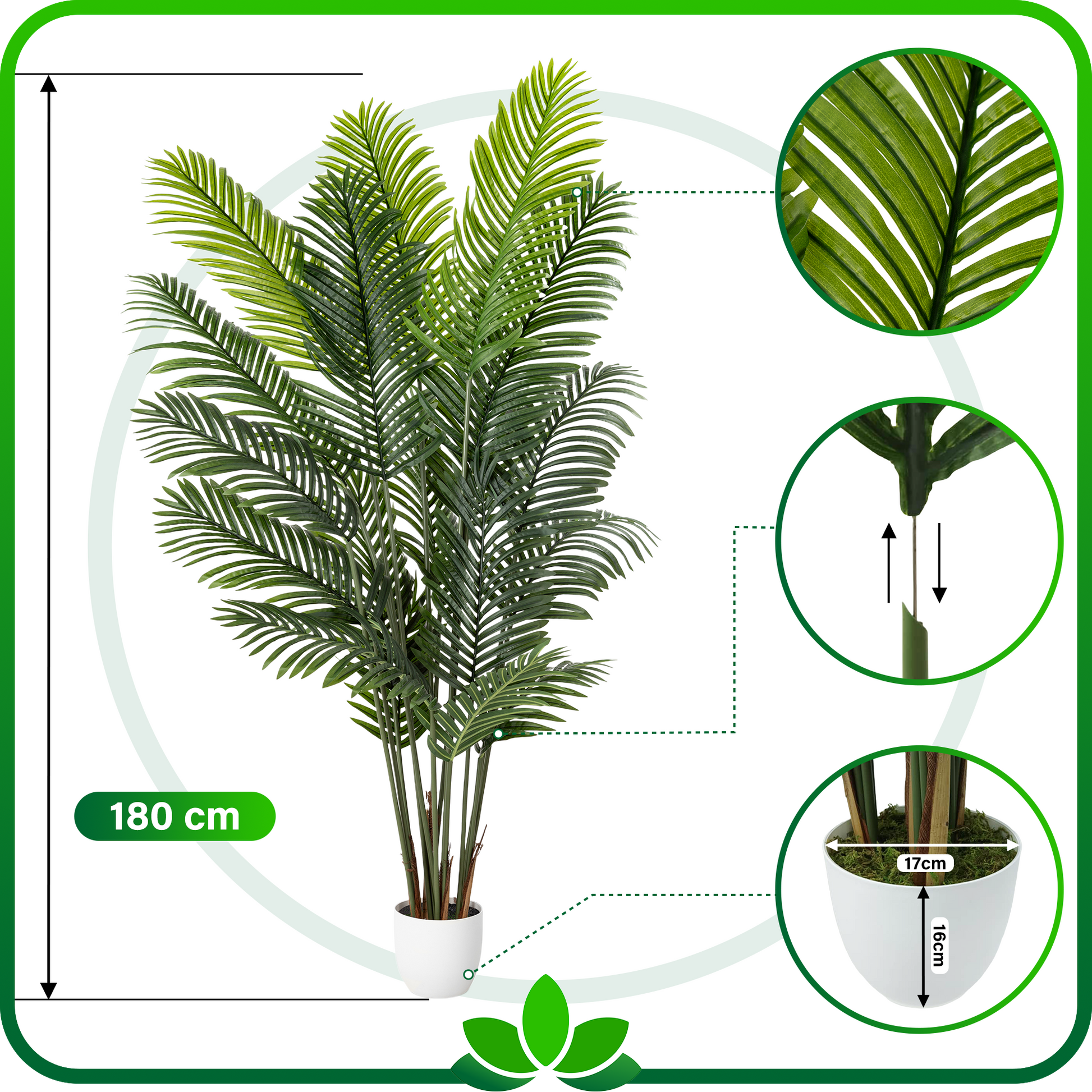 Nahaufnahme der naturgetreu gestalteten Palmwedel der Areca Kunstpflanze