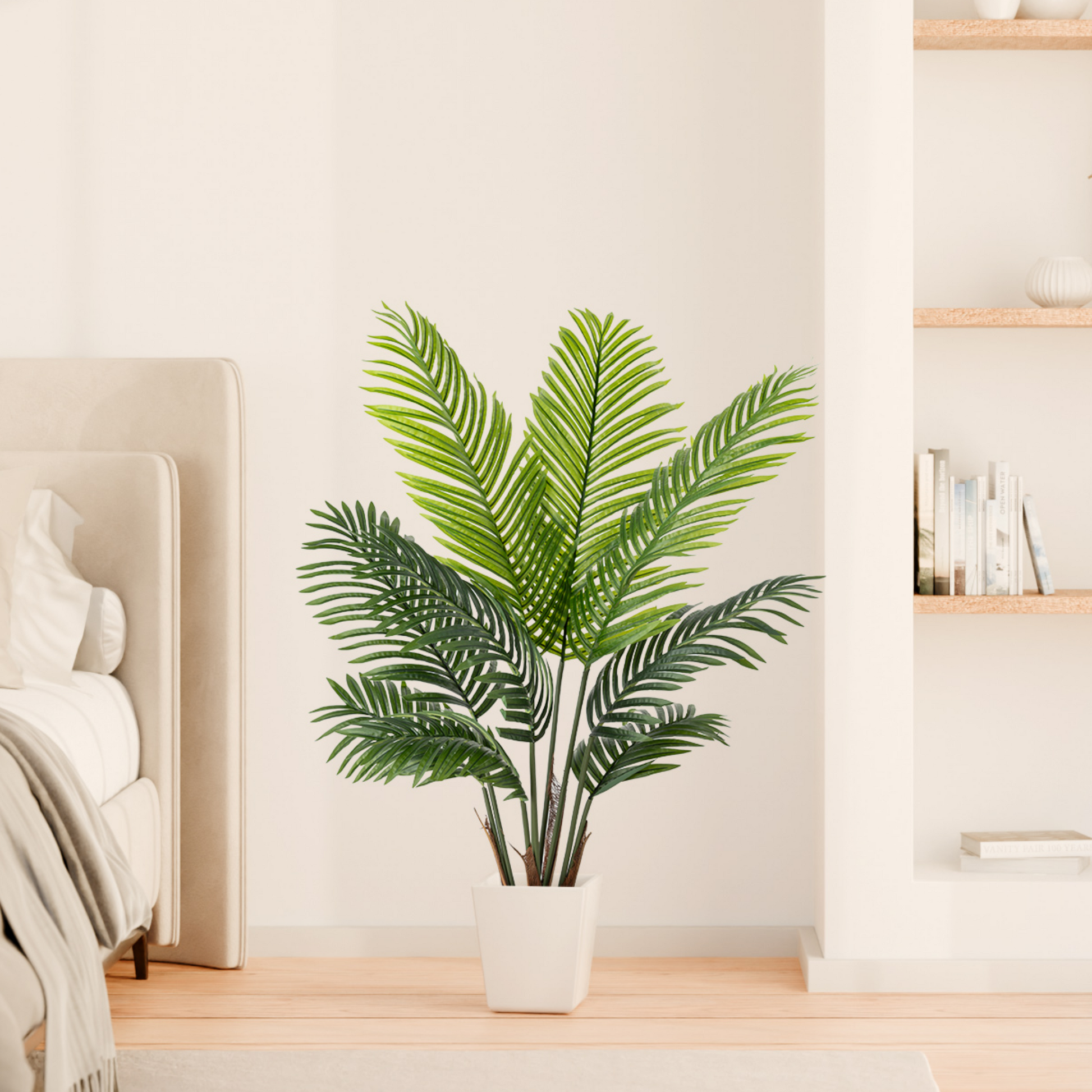 Detailaufnahme der realistischen, gefiederten Blätter der Areca Kunstpalme in sattem Grün