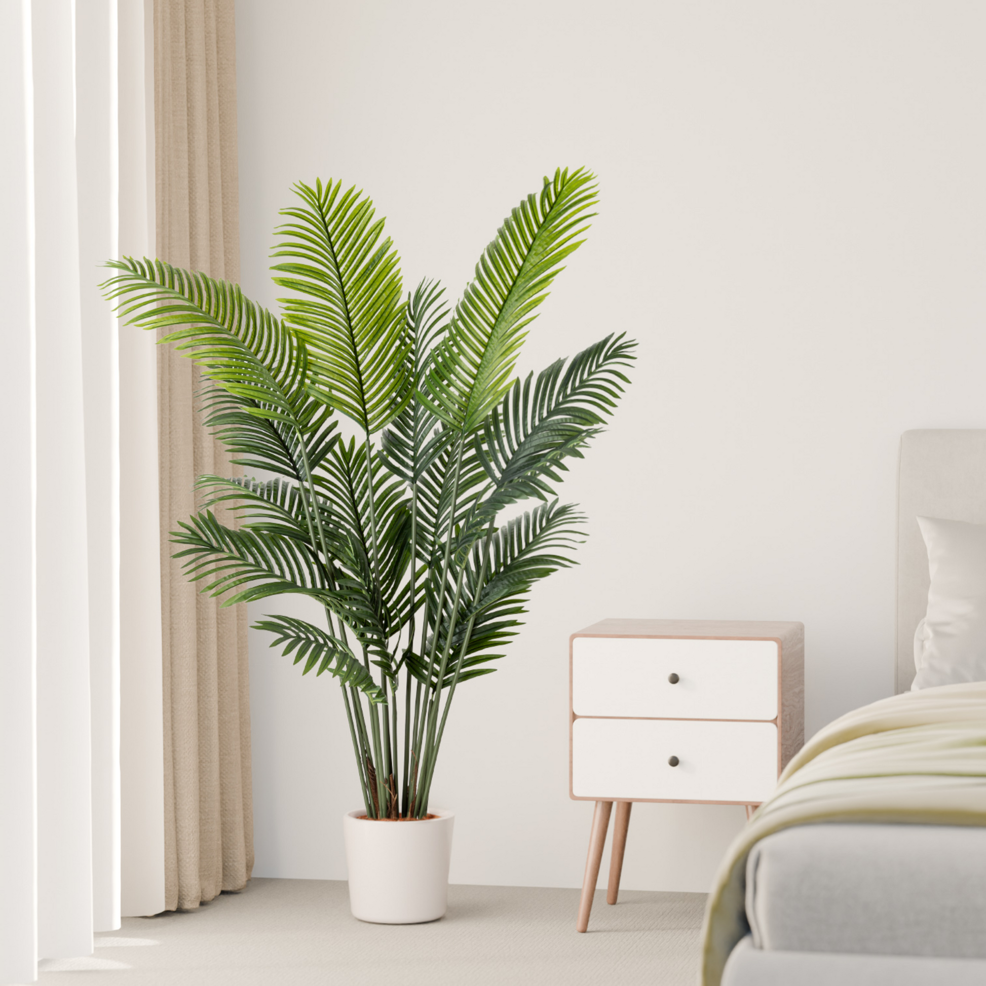 Buschige künstliche Areca-Palme mit dünnen, dicht stehenden Stämmen