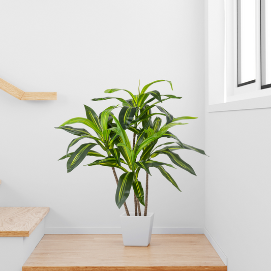 Detailansicht der naturgetreuen Blätter der künstlichen Dracaena