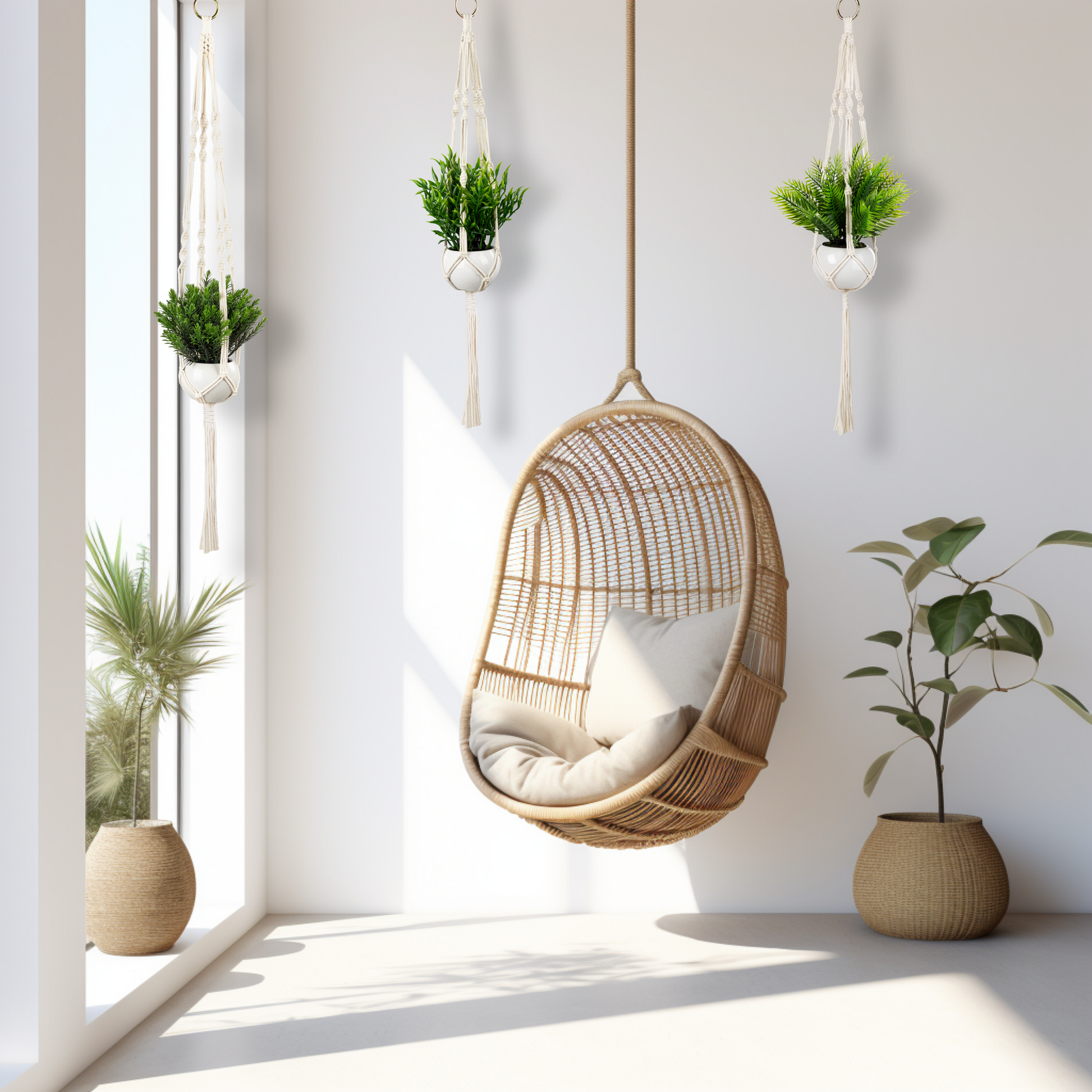 Detailaufnahme Makramee-Knotenarbeit und naturgetreue Kunstpflanzen im Topf